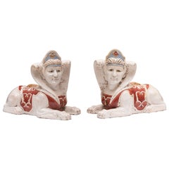 Pair of Glazed Terra Cotta Sphinx Figures
