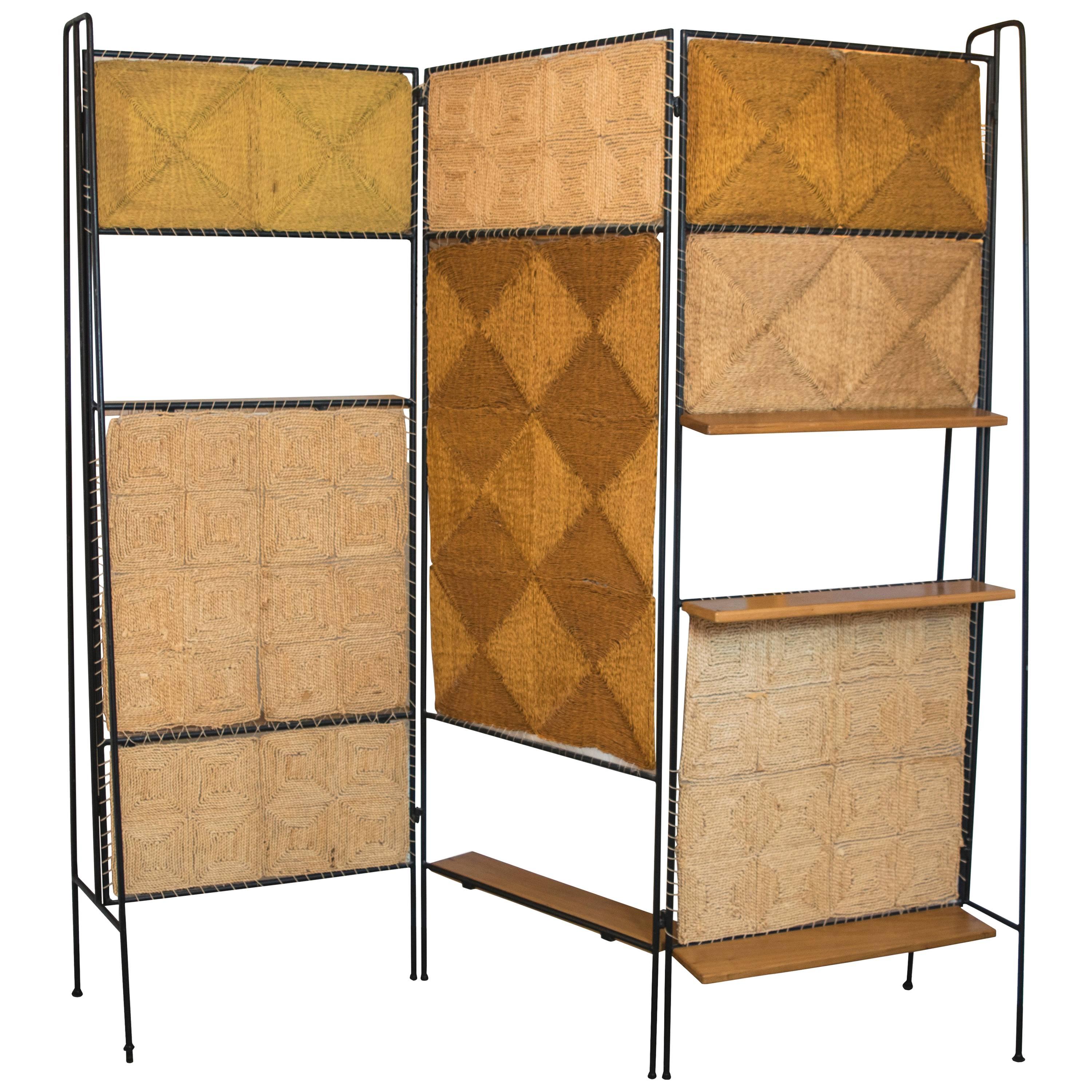 Tri-Fold Wrought Iron, Jute and Wooden Screen and Room Divider For Sale