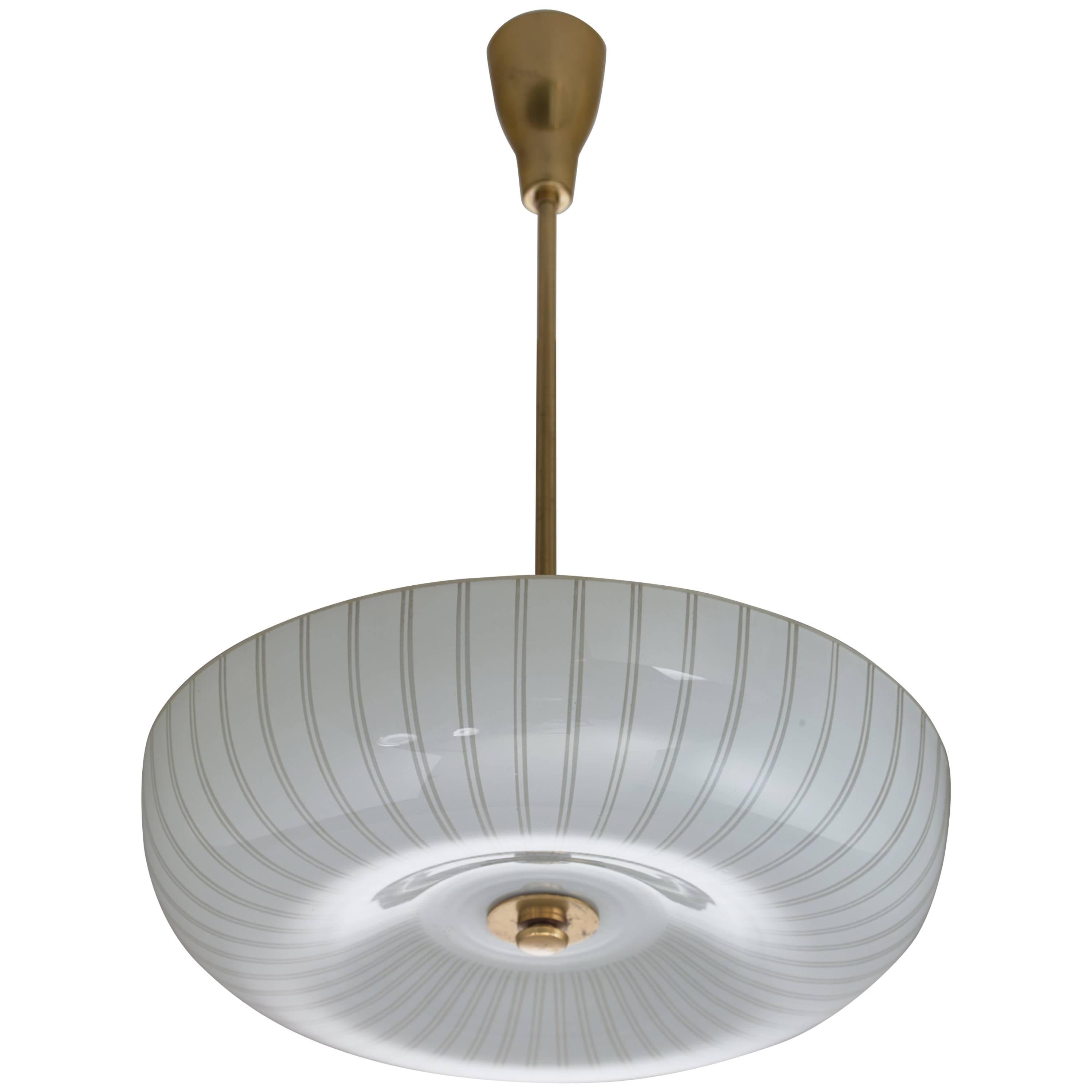 Large Striped Glass and Brass Pendant, Sweden, 1950s For Sale