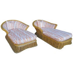 Pair of Large Steve Chase Palm Springs Style Rattan Chaise Lounges