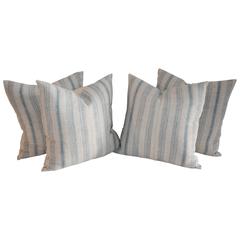 19th Century Faded Blue and White Linen Ticking Pillows, Pair