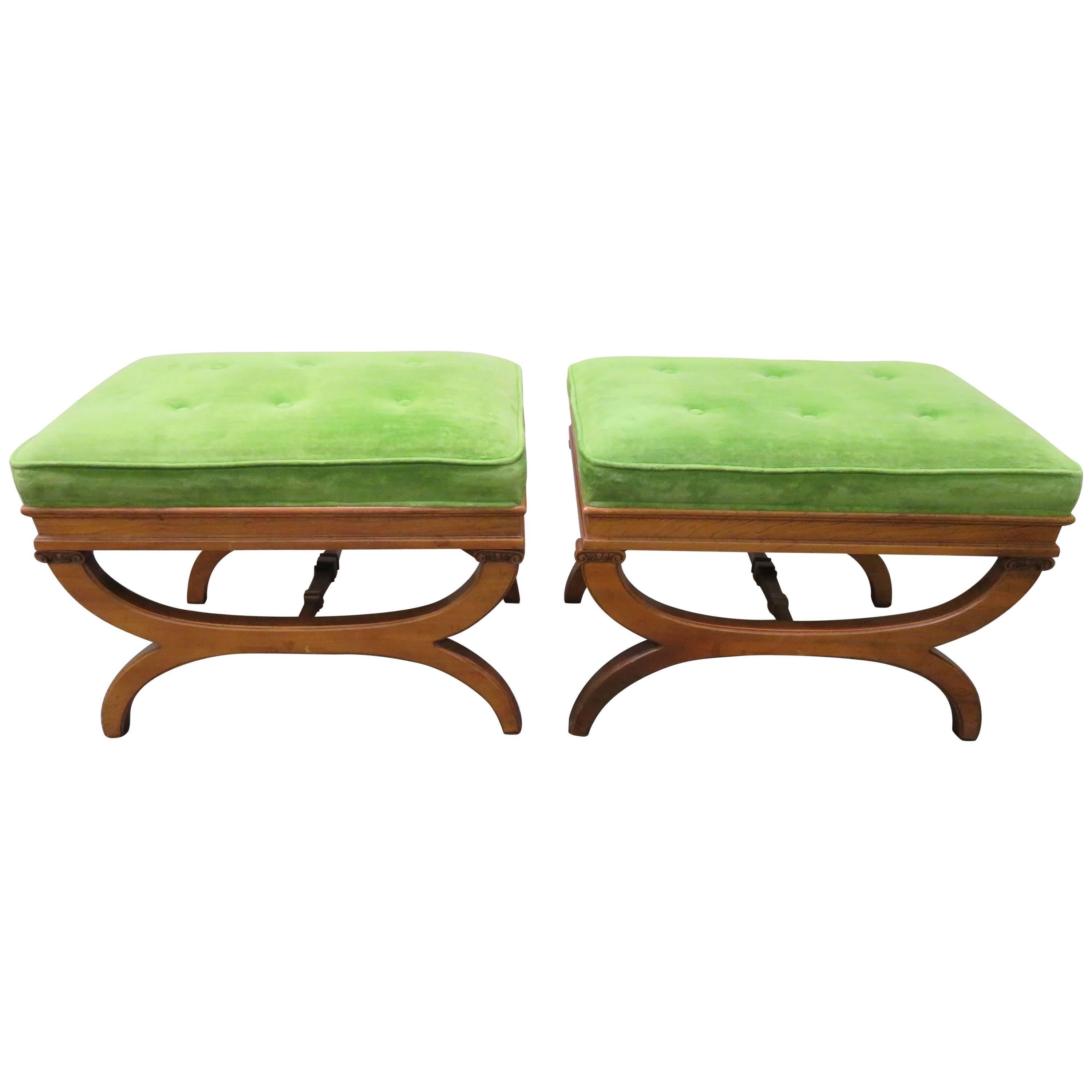 Pair of Carved Walnut Hollywood Regency Style X-Form Benches Stools