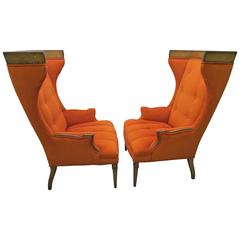 Pair of Regency Modern Tall Wing Back Walnut Chairs Mid-Century Tomlinson