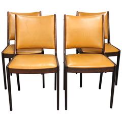 Set of Four Dining Room Chairs in Polished Mahogany and Cognac Leather, 1960s