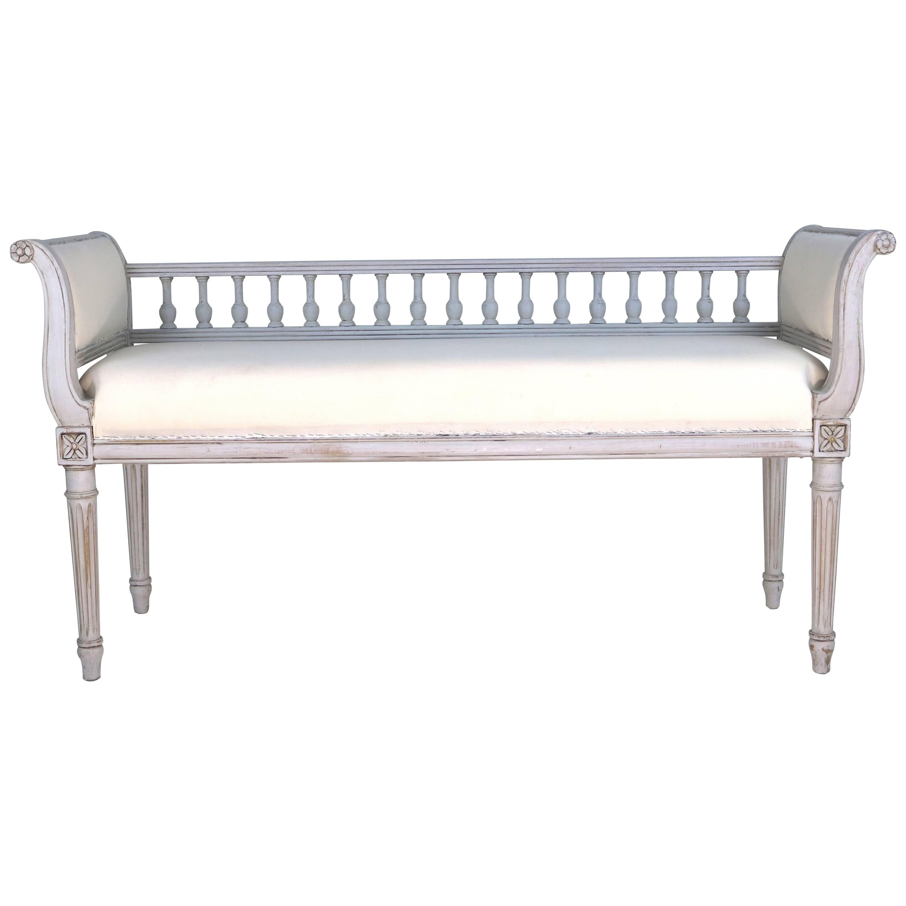 Rare Period Swedish Gustavian Painted Spindle Back Bench, 19th Century