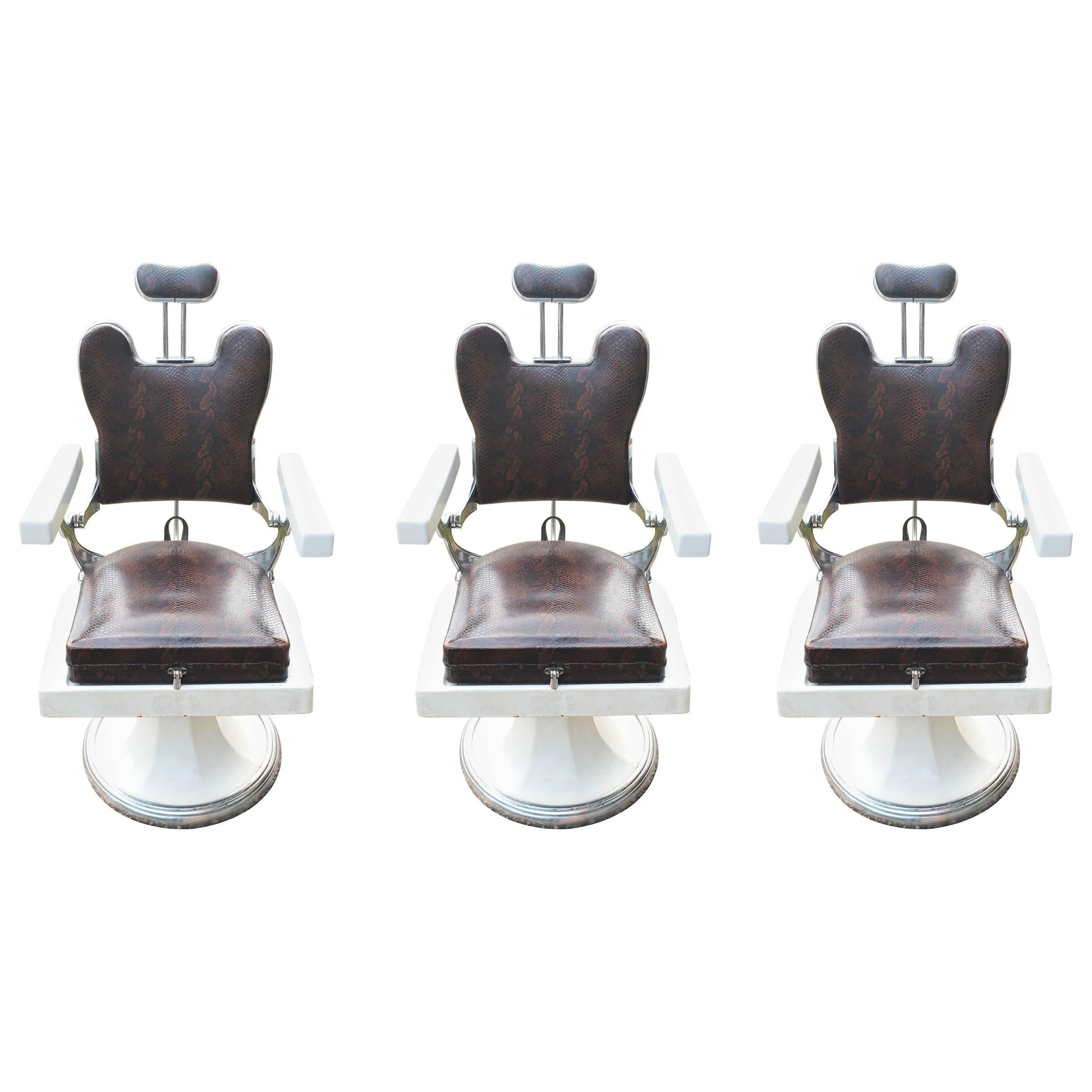 Set of Three French Barber Hairdresser's Chairs, in Original Crocodile Leather