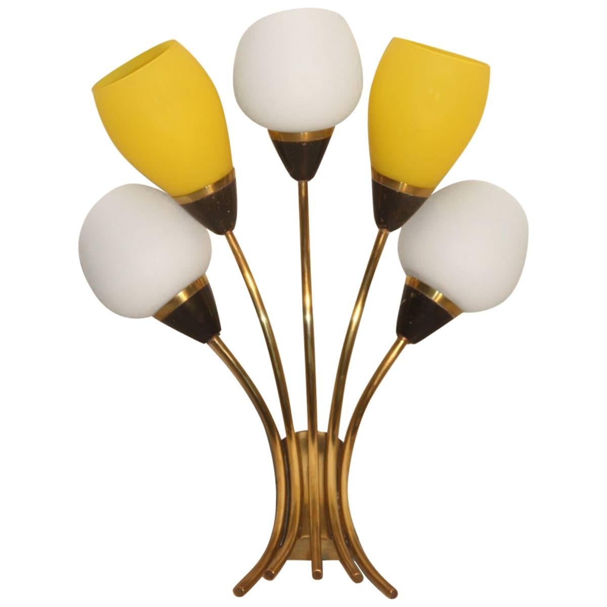Mid-Century Big Italian Sconce Yellow Brass White Glass, 1950 For Sale