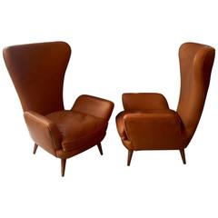 Unusual Mid-Century Tan Leather lounge chairs, Pair