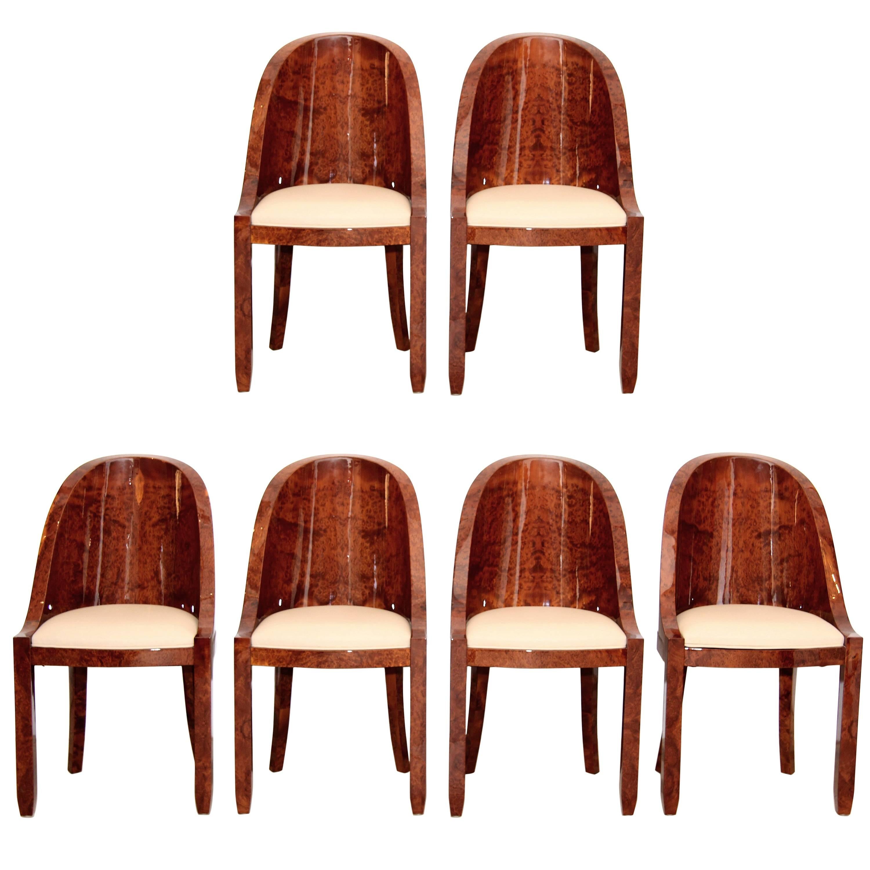 Set of Six French Art Deco Dining Chairs in Tuja Burl Wood, Re-Lacquered