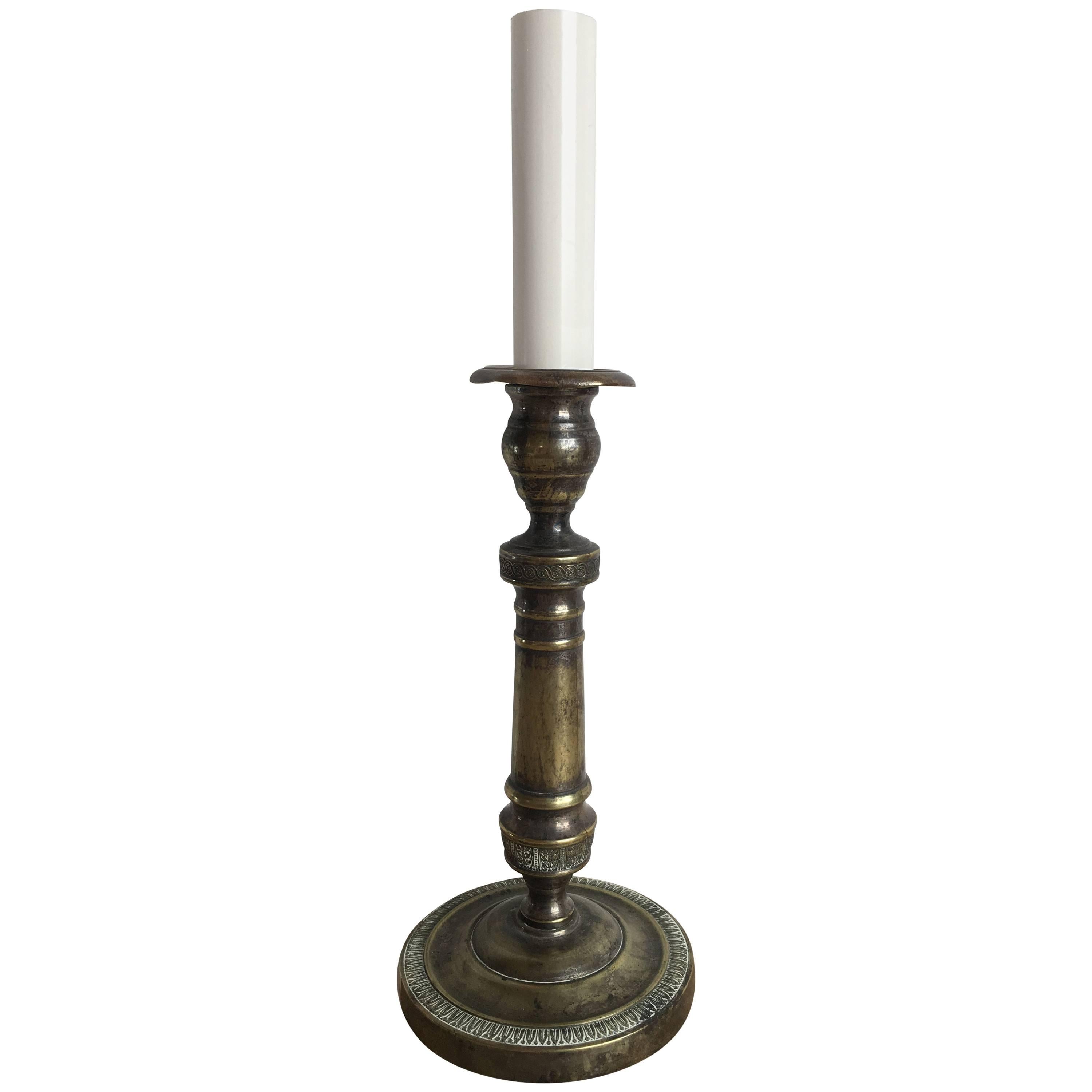 19th Century Engraved Brass Candlestick Lamp For Sale