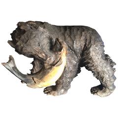 Japanese Huge Hand-Carved Wooden Bear with Salmon,  Ainu People