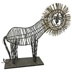 Whimsical Metal Wire Lion Sculpture Unsigned in the Style of C. Jere