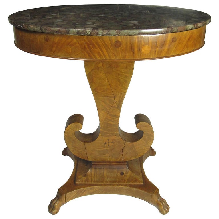 Antique 19th Century Biedermeier Inlaid Walnut MarbleTop Oval Side