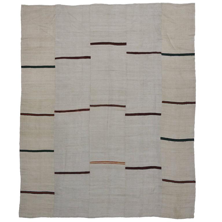 Minimalist Style Ivory Kilim Rug with Modern Stripes, Flatweave Kilim