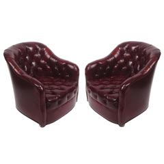 Pair of Ward Bennett Tufted Club Chairs in Original Oxblood Leather on Castors
