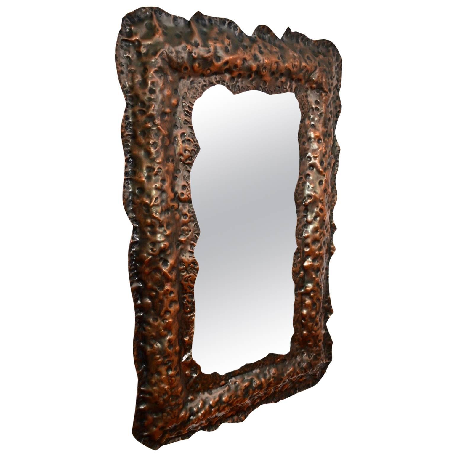 Vintage Brutalist Copper Wall Mirror, Italy, 1970s