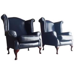 Pair of Antique Style Wing Back Armchairs Queen Anne Style Blue Leather