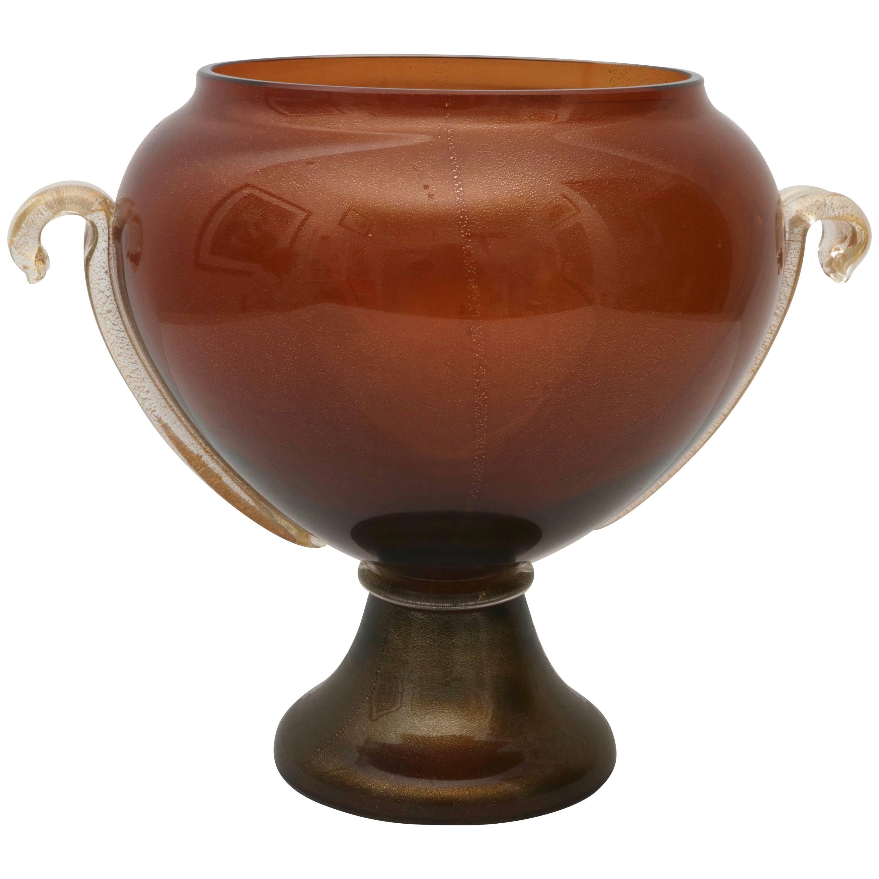 Murano Glass Vase on Truncated-Cone Base, Cognac and Gold Coloration For Sale