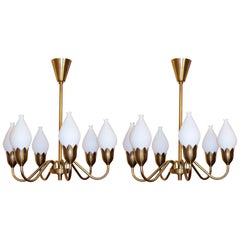 Pair of Swedish Brass and White Glass Chandelier