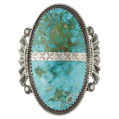 Vintage Navajo Bracelet with Large Blue Gem Turquoise Stone, circa 1940