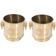 Pair of Polished Brass Chinoiserie Round Planters