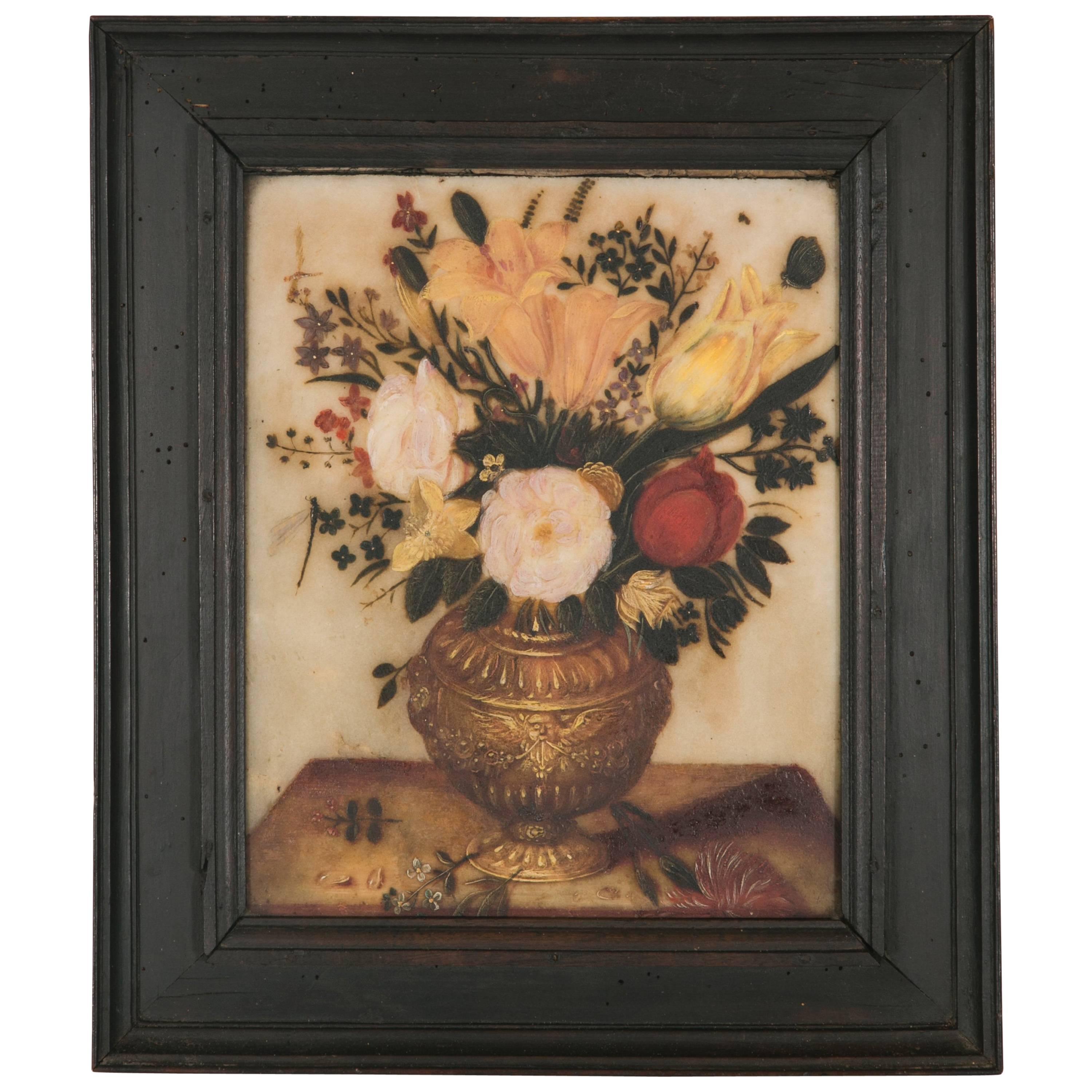 Spanish 17th Century Pretty Flowers Bouquet on a Vase, Painted on Marble For Sale