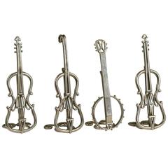 Set Four Victorian Novelty Antique Silver Musical Instruments Menu Holders