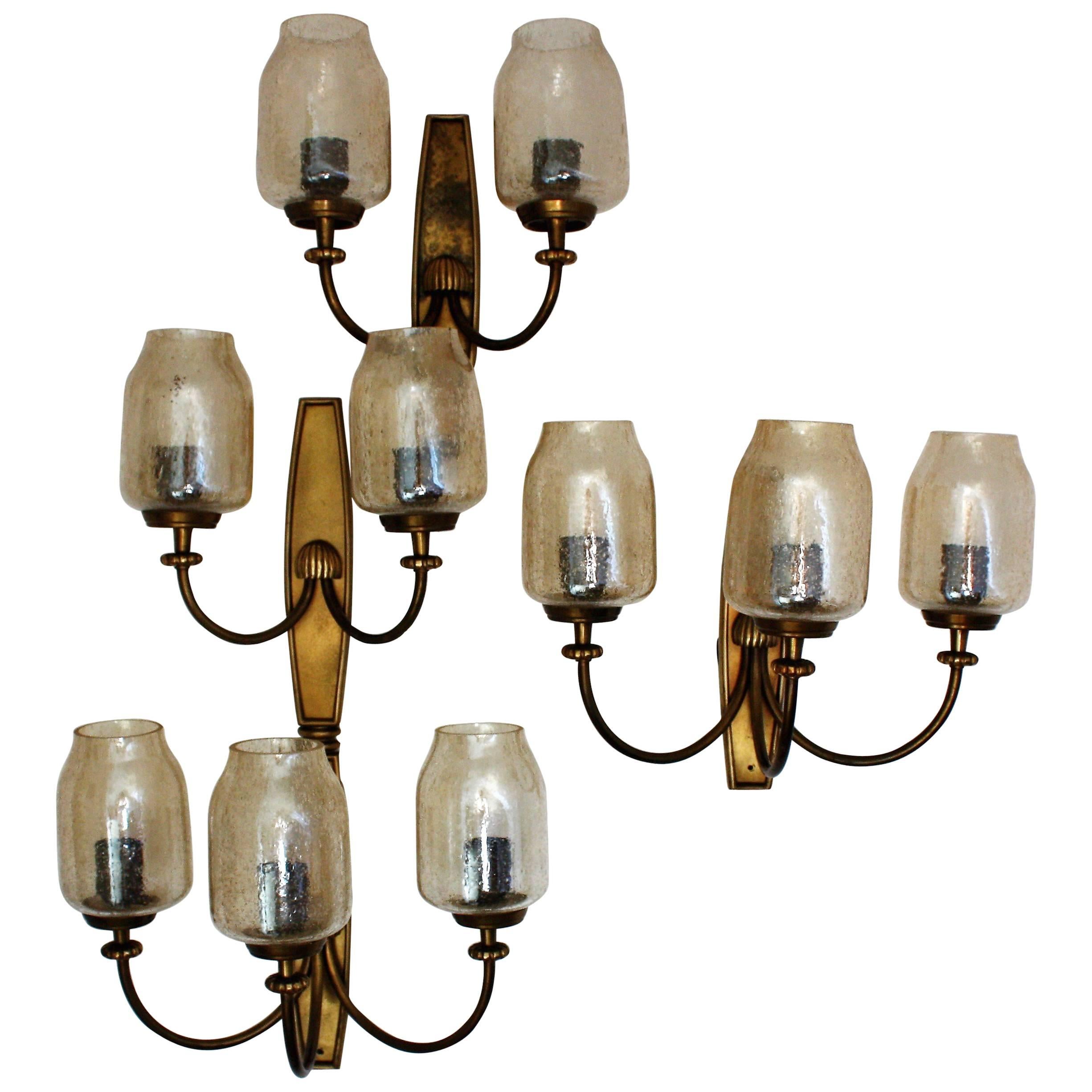 Set of Three Large Art Deco Wall Sconces Brass, 1940s