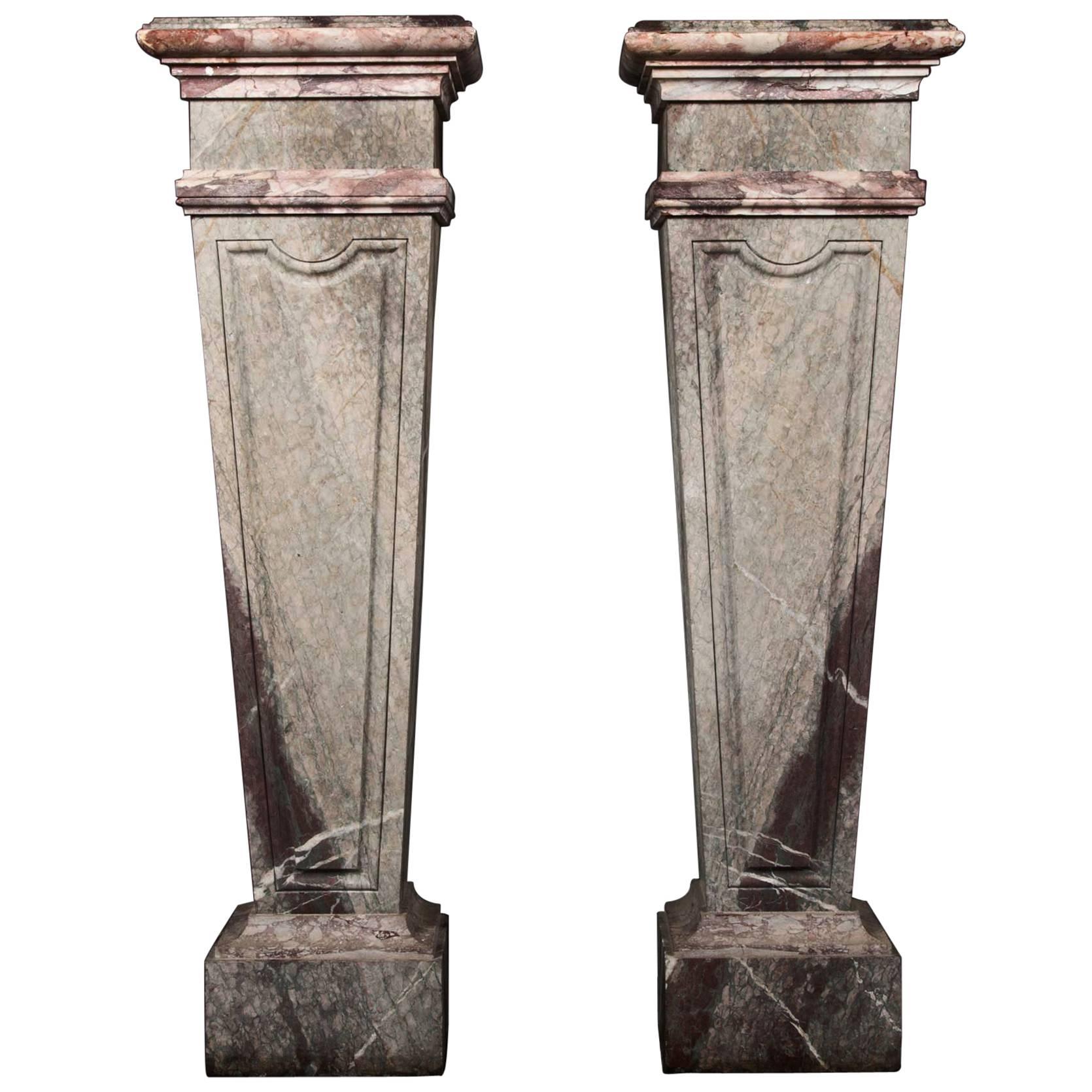 Pair of Marble Column Pedestals with Green and Purple Marble Inlay, 19th Century For Sale