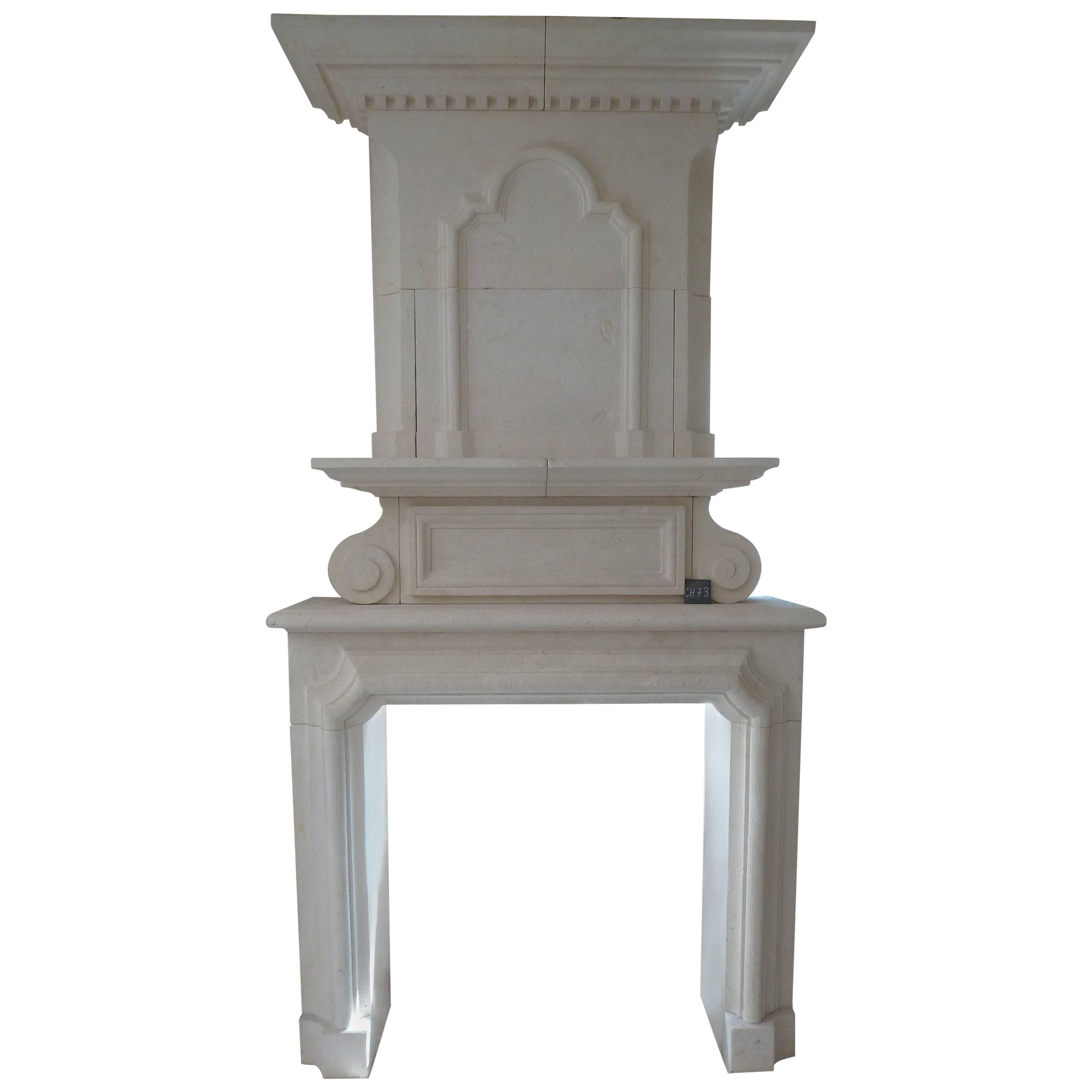Magnificent Reissue of Louis XIII Mantel with Trumeau at Two Levels in Limestone For Sale