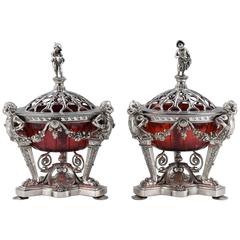 Decorative Pair of Silver Plate and Ruby-Glass Rose-Bowls and Coverers