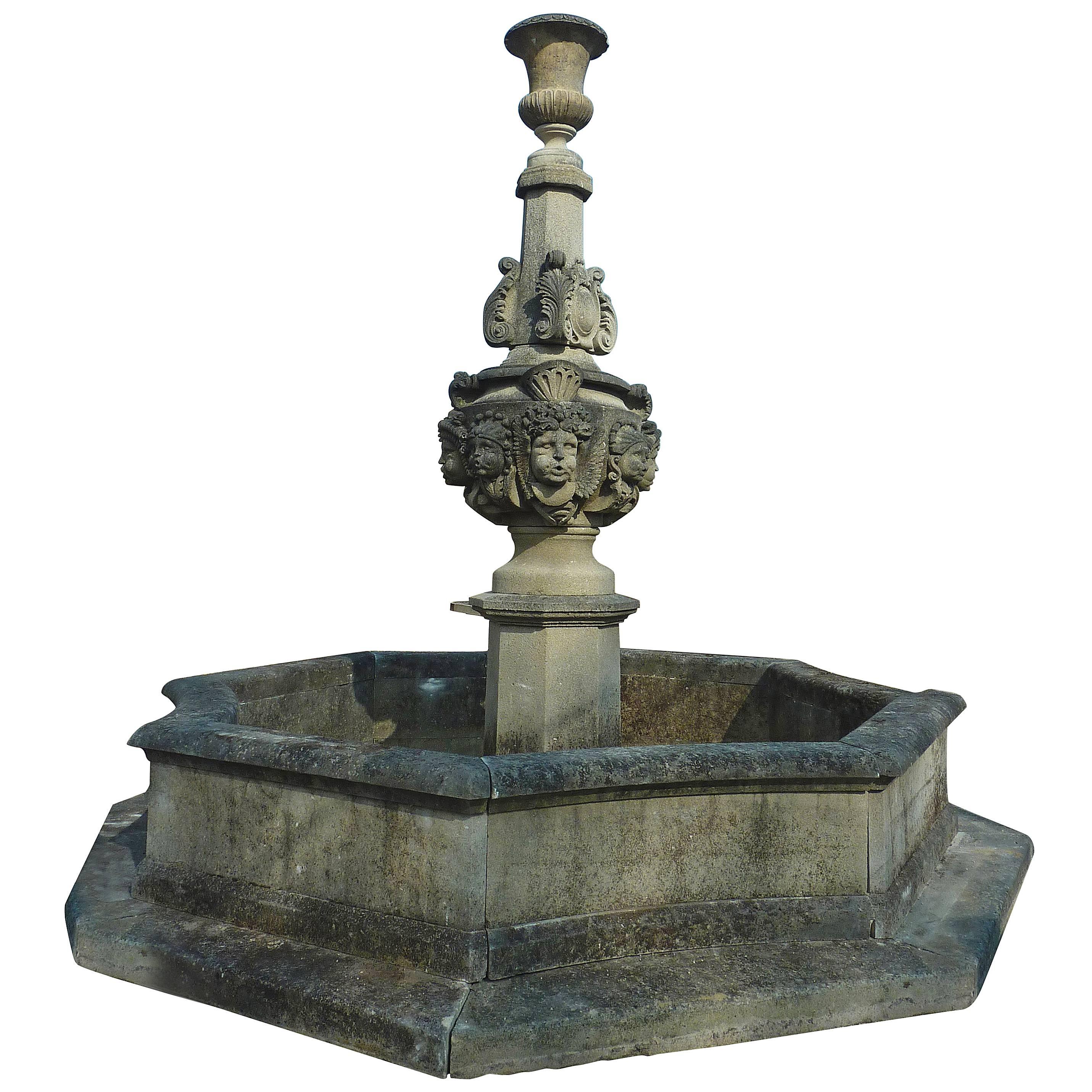 Magnificent Gothic-Style Central Fountain with Hand-Sculpted Heads For Sale