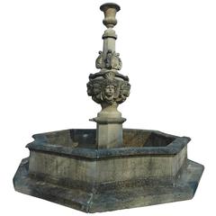 Vintage Magnificent Gothic-Style Central Fountain with Hand-Sculpted Heads