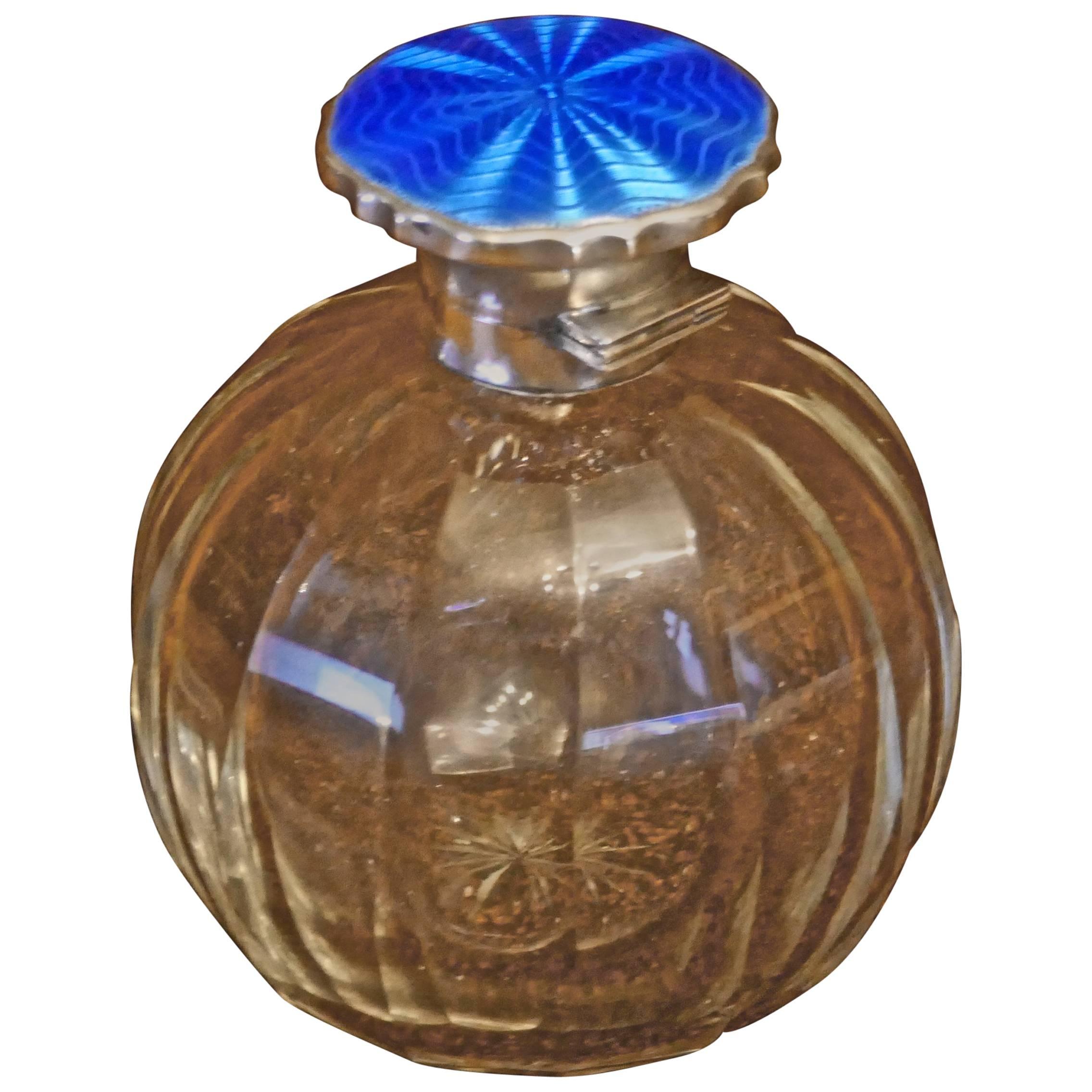 Art Deco English Sterling Silver and Guilloche Enamel Scent Bottle For Sale