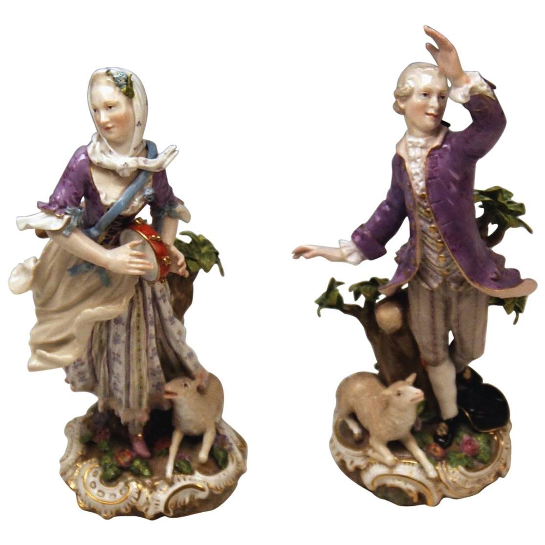 Meissen Pair of Shepherd Figurines Man and Woman with Sheep C.Punct made c.1860