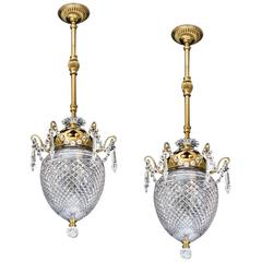 Pair of Gilt Lacquered and Cut-Glass Acorn Lanterns by F&C Osler