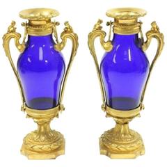 Pair Louis XVI Style Blue Cobalt Glass and Gilt Bronze Urns