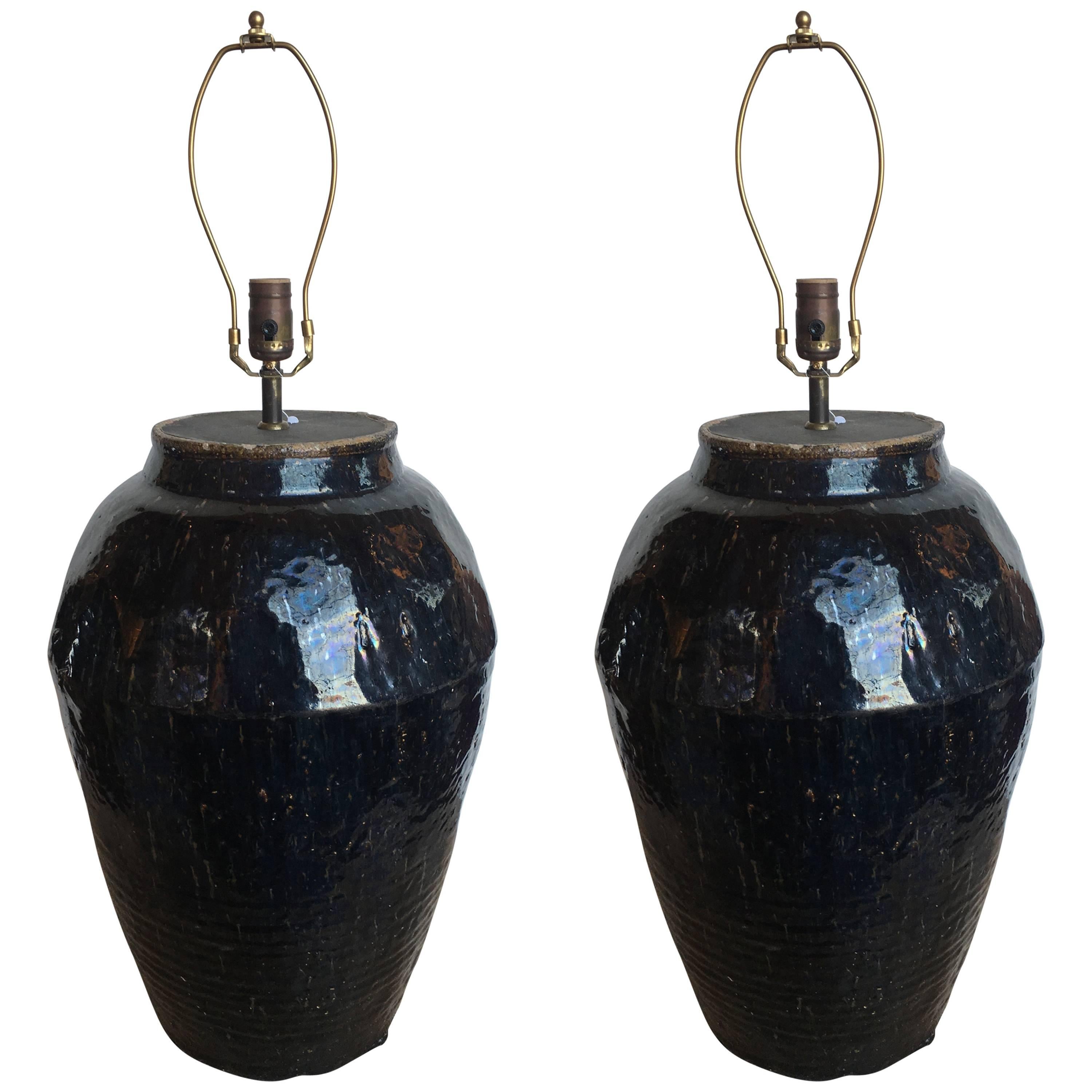 Pair of 19th Century Chinese Glazed Black/Brown Pot Lamps