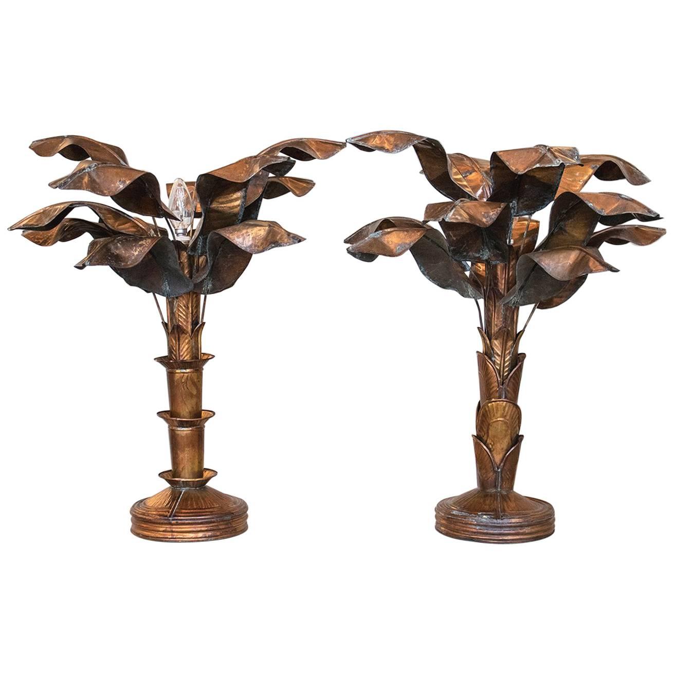 Hollywood Regency 1970s Pair of Palm Tree Brass Table Lamps For Sale