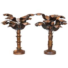 Hollywood Regency 1970s Pair of Palm Tree Brass Table Lamps