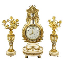 19th Century French Louis XVI Style Marble Gilt Bronze Clock and Candelabra Set