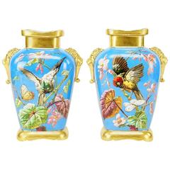Pair of French Aesthetic Porcelain Vases with Bird and Flower Decorations