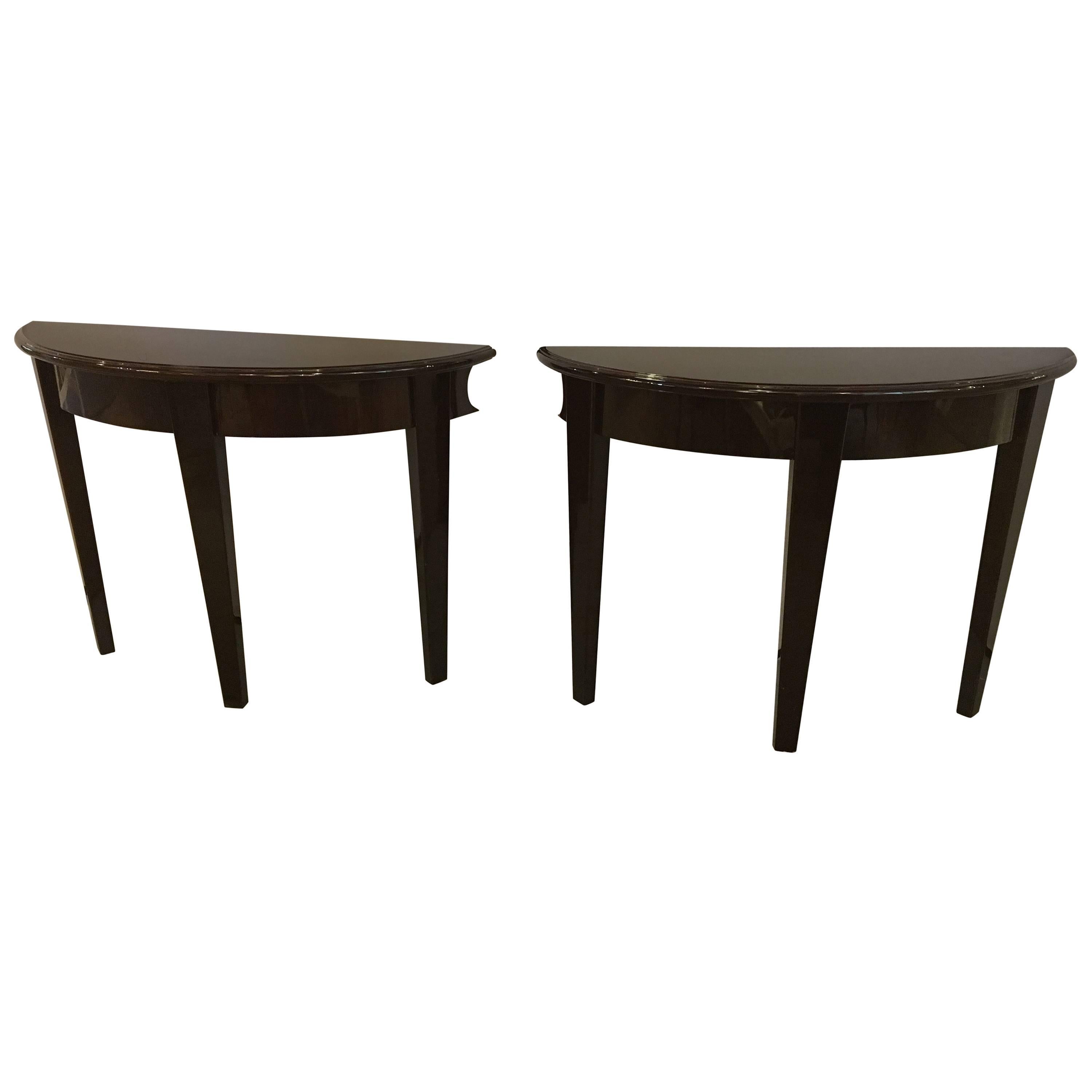 Pair of Hollywood Regency Parzinger Style Ebony Mahogany Demilune Console Table