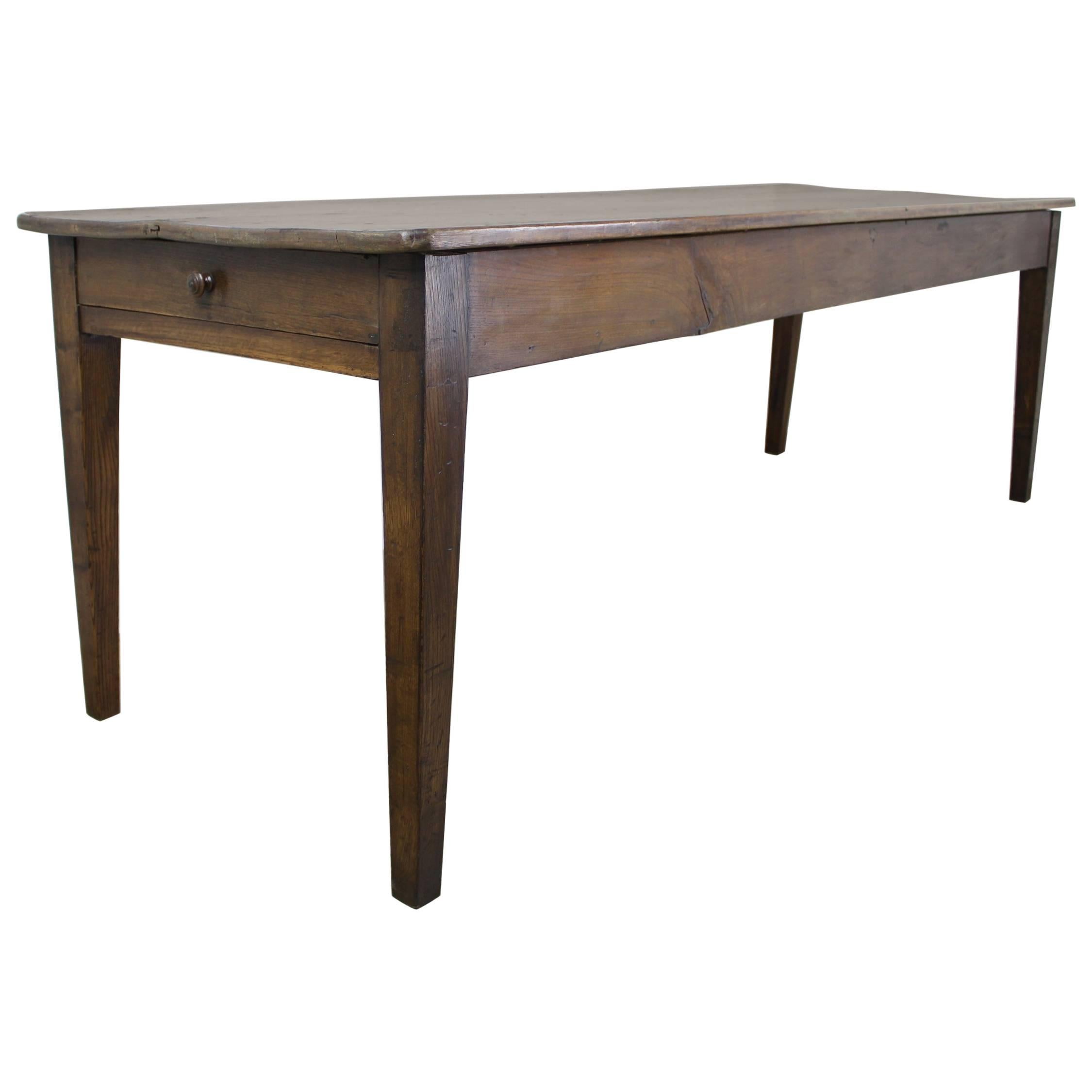 Long Antique Pine Farm Table, One Drawer