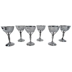 Set of Six Jazz Age Silver Cocktail Cups with Glamour Girl Caryatid Stem