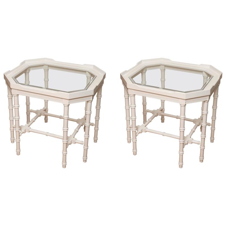 Pair Of White Lacquer Faux Bamboo Side Tables