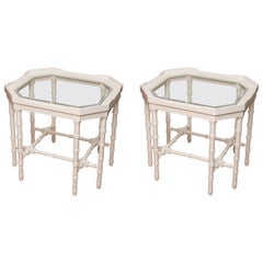 Pair of White Lacquer Faux Bamboo Side Tables