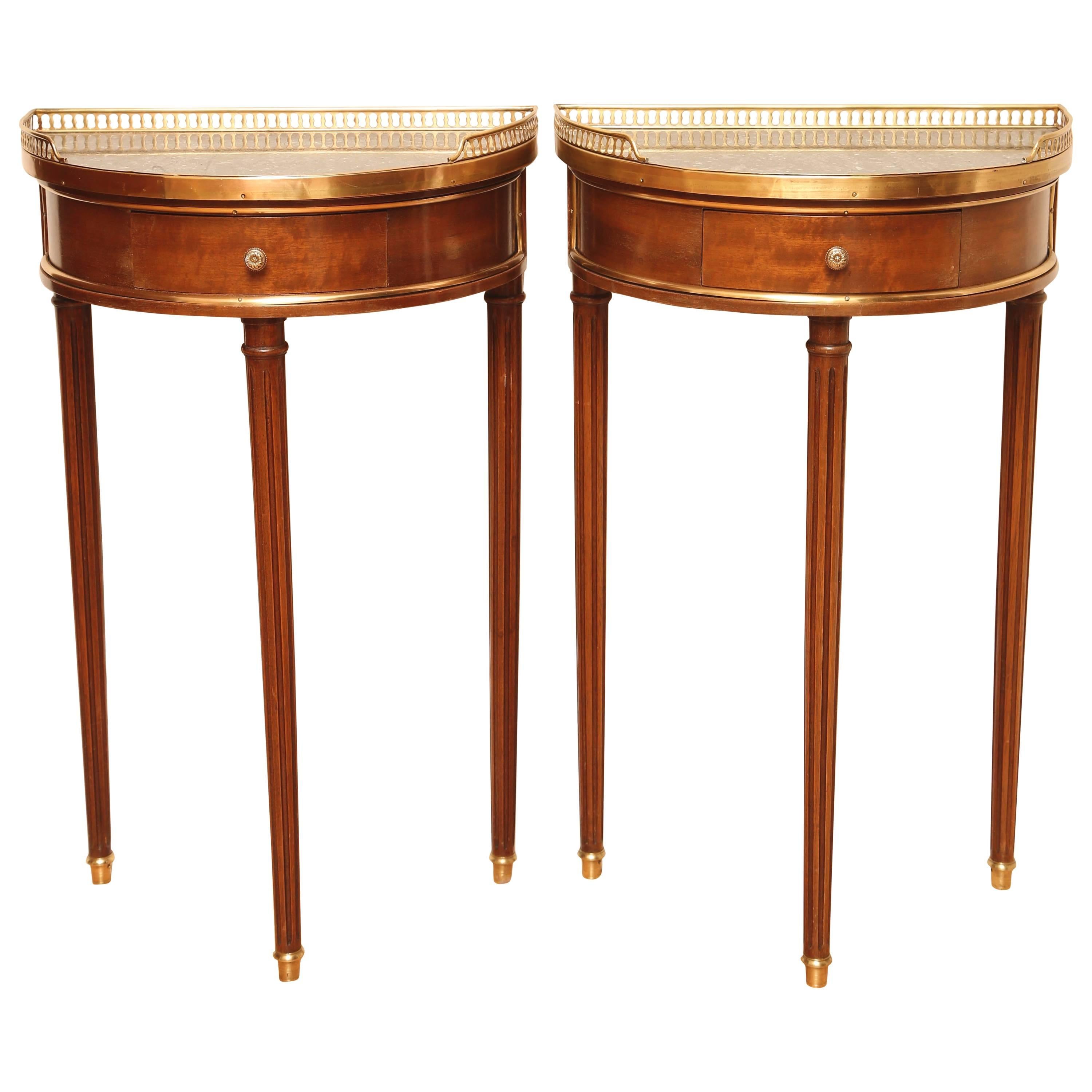 Pair of French Louis XVI Style Marble-Top Demilunes with Gallery