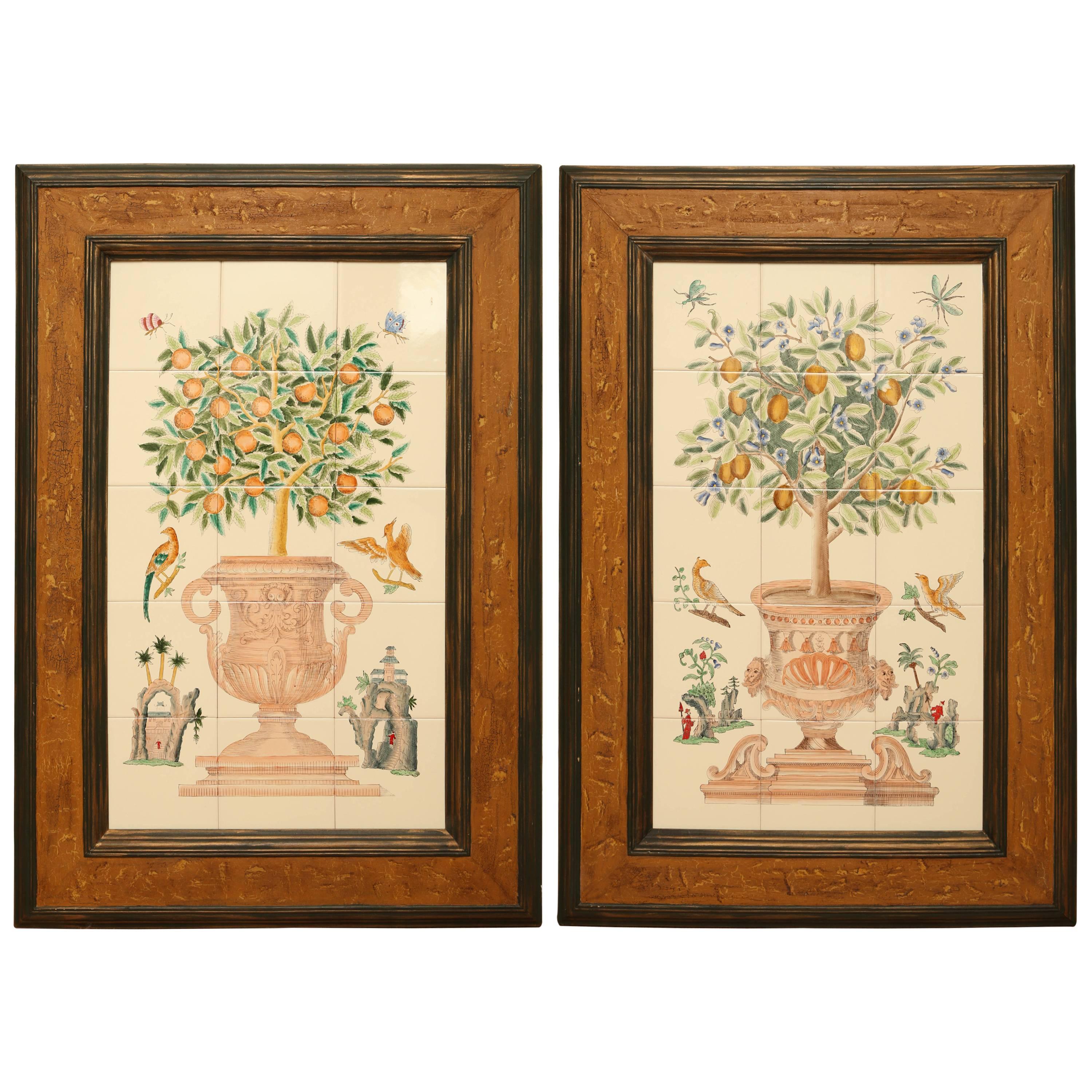 Pair of Vintage Tile Lemon Topiaries For Sale