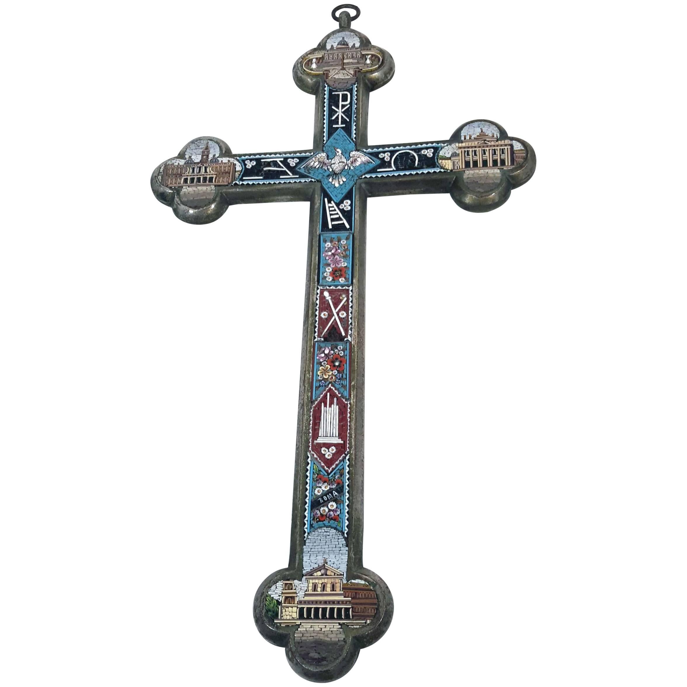 Micro Mosaic Grand Tour Silvered Cross, circa 1900